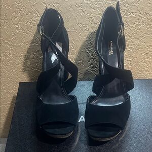 Michael Kors Black/ Gold Suede Crisscross Open-Toe Heels
